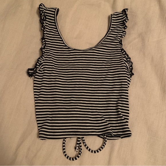 Black and White Striped Ruffle Tank Crop Top - Picture 2 of 2